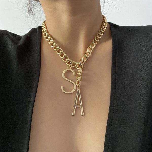

simple thick chain tassel geometric long necklace for women creative big sa letters hollow pendant necklaces name choker, Silver