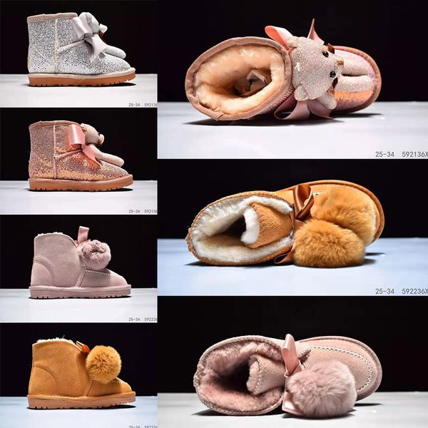 

2020 designer kids shoes australia snow boots for childrens classic ankle short bow fur boot snow winter baby girl shoe cute cartoon 24-34, Black