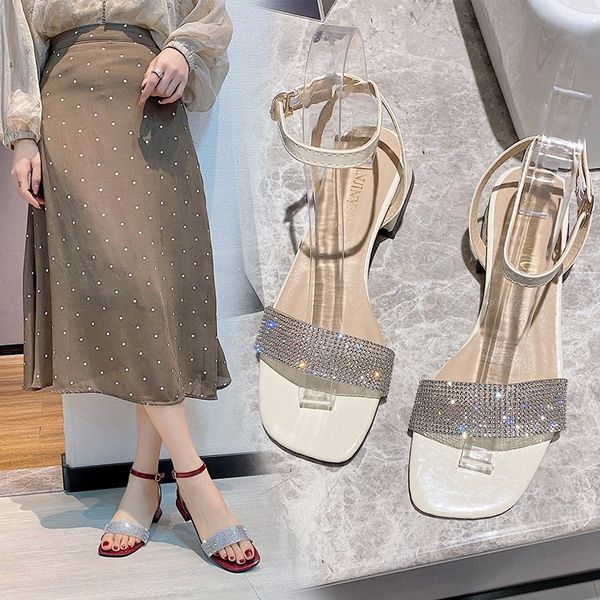 

female sandal 2020 sandals ladies shoes summer clear heels buckle strap square toe woman women's for beige rhinestone fashion, Black