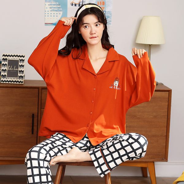 

new women pajamas set autumn knitted cotton pijama mujer long sleeve turn-down collar cartoon casual female sleepwear pyjamas, Black;red