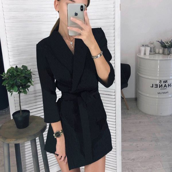 

women vintage sashes a-line party mini dress long sleeve notched collar solid casual elegant dress 2020 winter new fashion, Black;gray