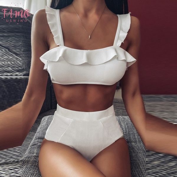 

women solid ruffle push up padded bra beach bikini set high waist 2020 swimsuit for women swimwear biquini 25, White;black