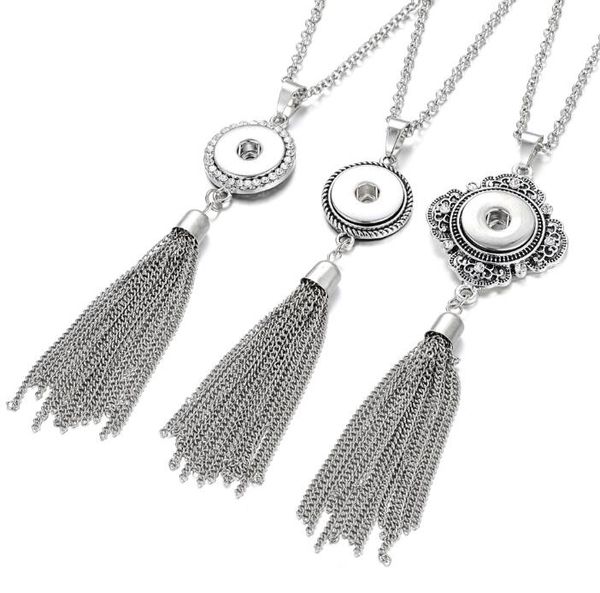 

10 шт. 2019 новый богемия оснастки кнопки ожерелье серебро длинные кисточкой оснастки кулон ожерелье с цепями 18 мм оснастки кнопки ювелирны, Silver