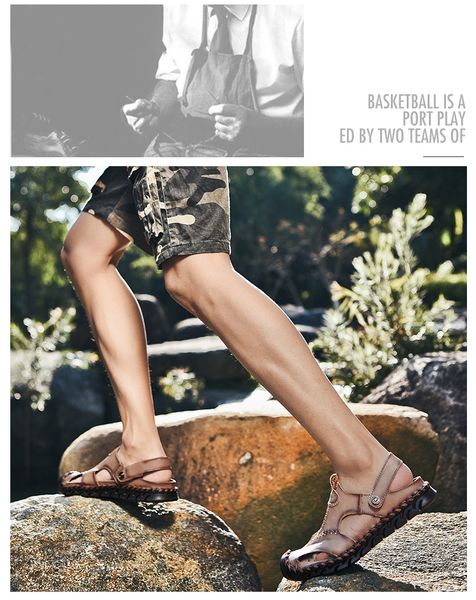 

2020 new trend summer outdoor hole beach shoes men's baotou leather slippers, Black