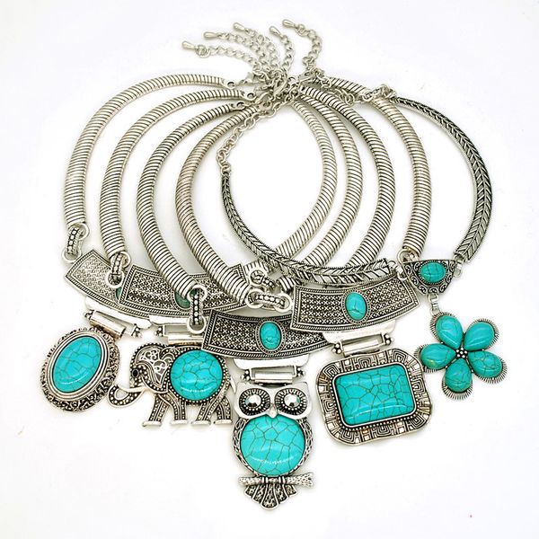 

yumfeel vintage tibetan silver plated synthetic blue stone owl elephant flower pendants choker necklace for woman