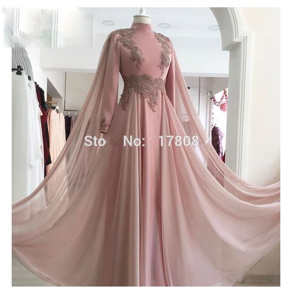 

pink muslim evening dresses 2019 a-line long sleeves chiffon lace beaded islamic dubai saudi arabic long formal evening gown, White;black