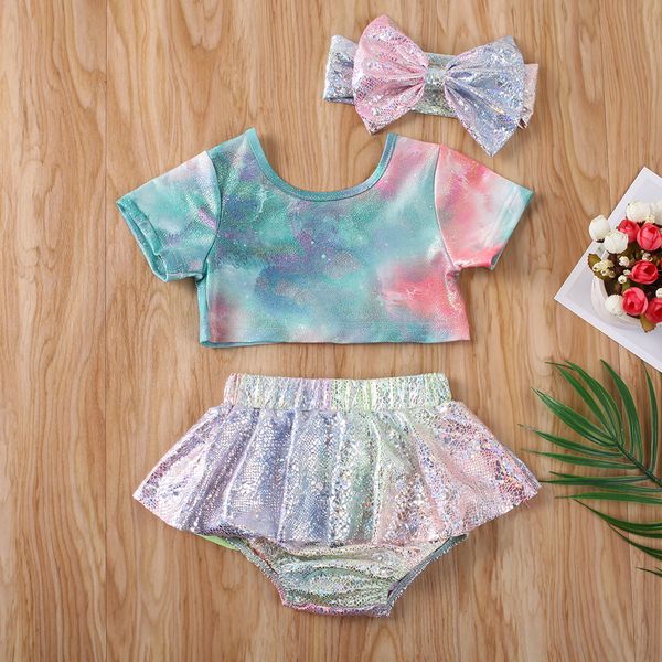 

mermaid costume children swimsuit 3pcs toddler kids baby girl summer gradient crop +skirt beach swimwear outfits set, White