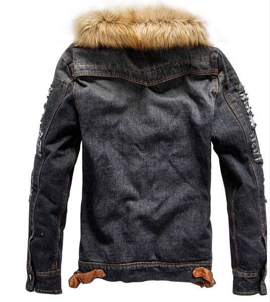 

fashion-jackets vintage ripped black blue denim cowboy shirts male female winter jacket casual fur collar coat, Black;brown