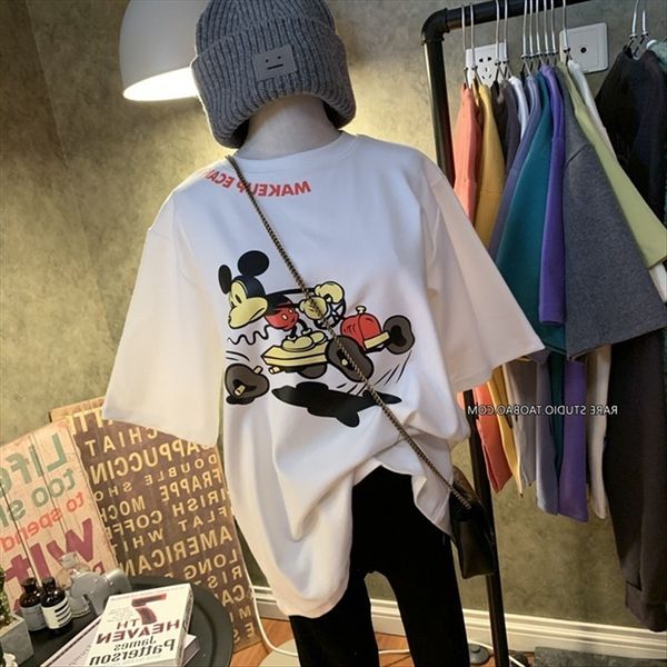

short-sleeved t- female ins fashion 2020 lazy t- shirt wind bf loose cartoon printing half-sleeve base shirt top, White