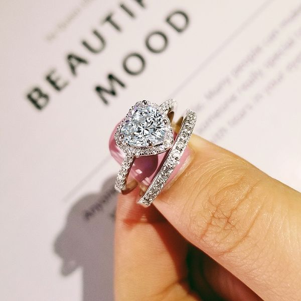 

2019 new trendy heart original 925 sterling silver wedding ring set for women lady anniversary gift jewelry wholesale r5148s