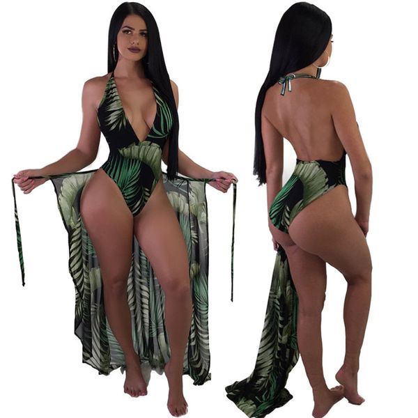 

leaves printed bodysuits halter one piece swimsuit 2019 women swimwear + cover ups monokini summer beach bathing suits, Blue;gray
