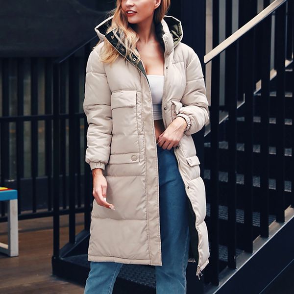 

women casual long down jackets winter hooded outwear female parka thick cotton padded female basic coats thick warm down parka, Black