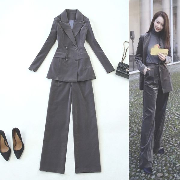 

fashion women double-breasted blazer suits office lady pant suit sets two-piece work set long sleeve suit jacket+wide leg pants, White;black