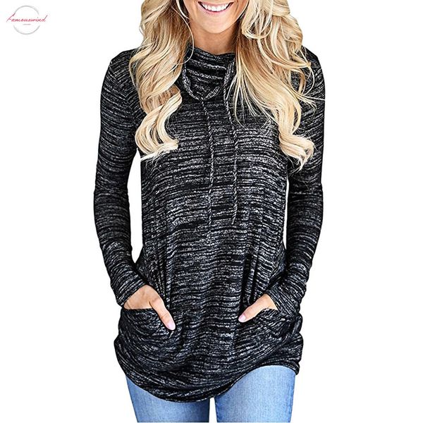 

spring pocket casual tunic women t shirt cowl neck long sleeve casual slim women streetwear stripe tee shirt, White