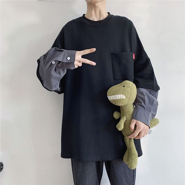 

2019 spring and autumn new fake two-piece stitching sweatshirt korean version of the loose student round neck jacket m-2xl, Black