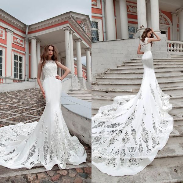 

2020 fashion wedding dresses jewel lace appliques satin mermaid bridal gowns button back sweep train beach wedding dress robe de mariee, White