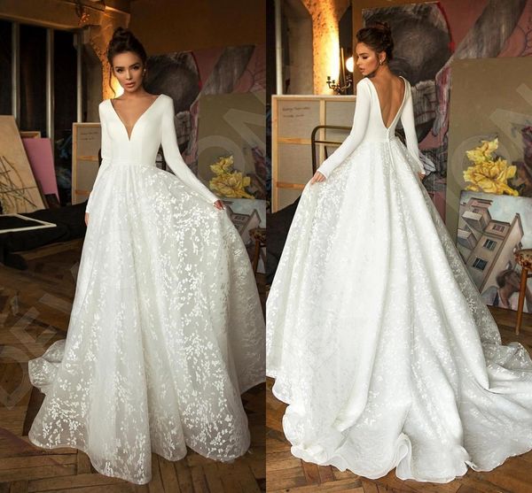 

2019 long sleeves a-line bohemian wedding dresses deep v neck open back plus size beach country boho bridal gown, White