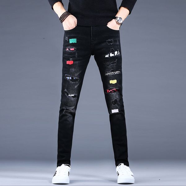 

fashion streetwear men jeans black slim fit elastic destroyed patches ripped jeans men punk pencil pants hip hop, Blue