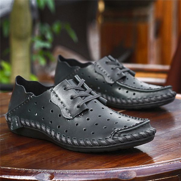 

men shoes summer breathable lace-up leather casual zapatos de hombre men fashion lightweight anti-slip running shoes 79#5, Black