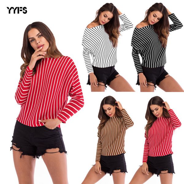

womens designer sweater round neck long sleeve striped sweater loose slim pullover womensmax, White;black