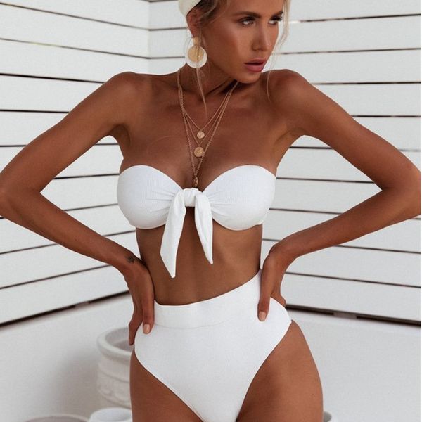 Bikini Sommer Badeanzug weiblich solide Bademode Bikini hohe Taille gepolstert Push-up Badeanzug Frauen Bandeau-Bikini mit Knoten