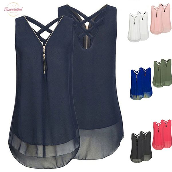 

к 2020 году новые летние женщины блузка дамы свободные топы без рукавов крест обратно подол заложен молния рубашка v шеи топы, White