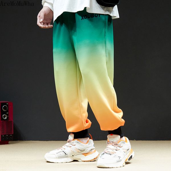 

aremomuwha autumn casual men plus velvet loose harem overalls pants pants gradient color hip-hop couple feet feet sports, Black