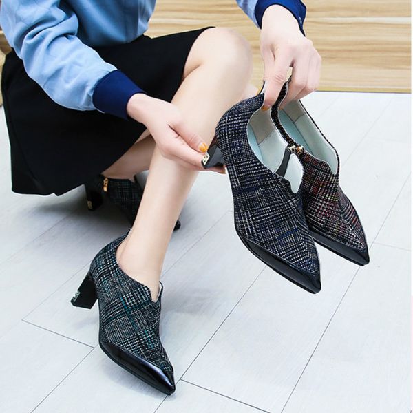 

female fashion elegant high heels pointed plaid fabric spring shoes woman designer women shoes zapatos tacon mujer u28-18, Black