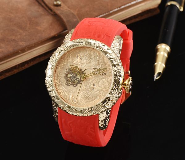 

gold dragon dial men watch relogio masculino blue rubber business invicta quartz watch clock men creative usa designer wrist watches, Slivery;brown