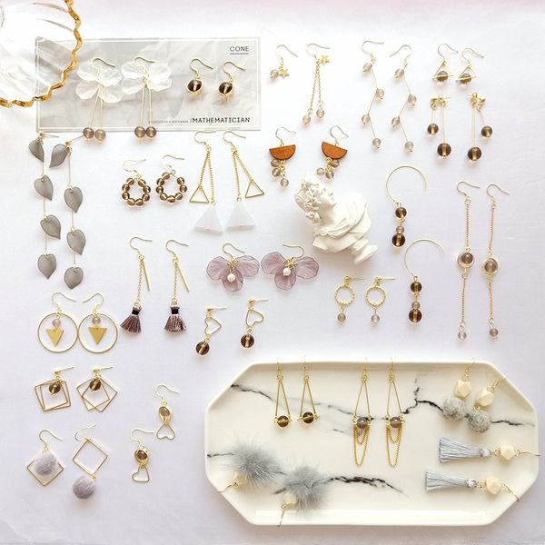 

s925 silver fashion long drop earrings for women gray crystal tassel geometric dangle earring temperament charm jewelry