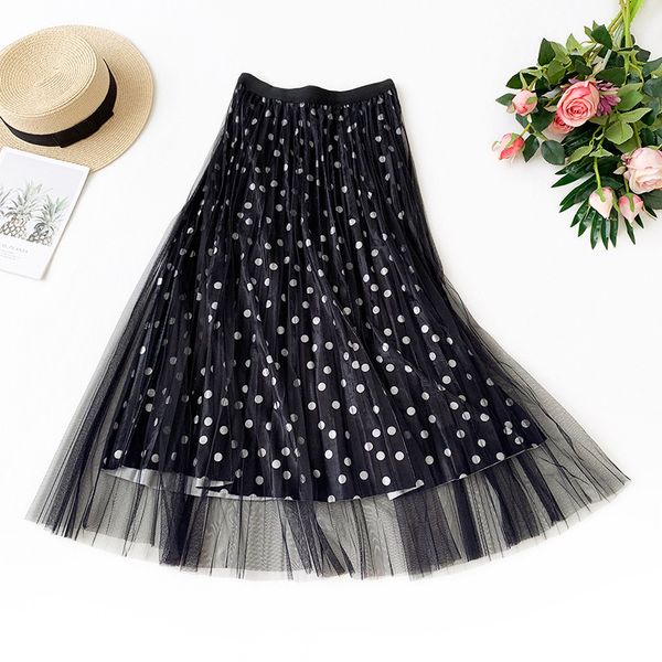

fresh japanese style polka dot skirts women sweet women clothes pleated a-line perspective mesh velvet skirt chic autumn winter, Black