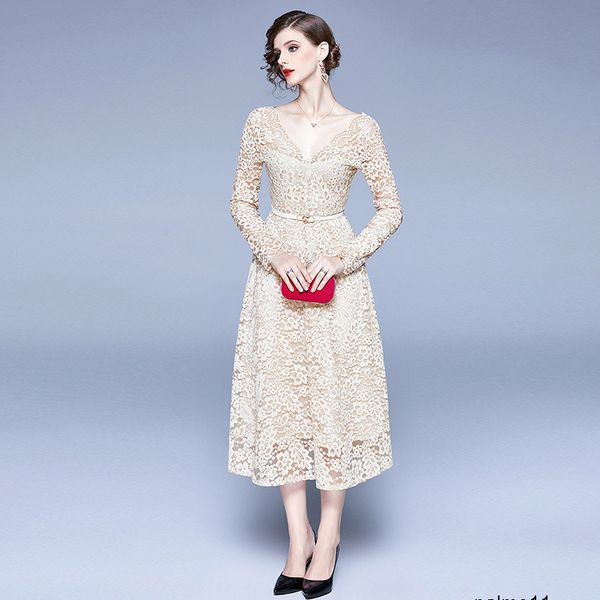 

womens designer skirt temperament elegant long sleeve lace v-neck dress female pxct, Black;gray