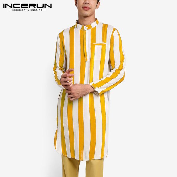 

2020 men striped kurtas long shirts long sleeve casual stand collar fashion muslim katan streetwear mens clothes incerun, White;black
