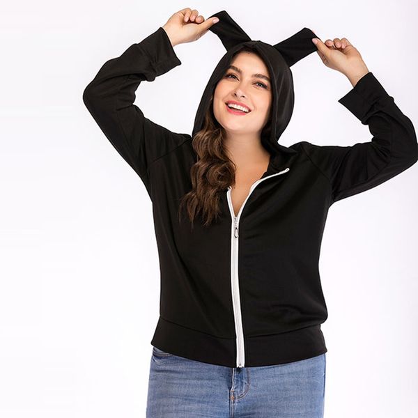 

2019 winter cute cat ear girls plus size coat zipper fleece warm women casual loose pullover hoodies embroidery wool overcoat #b, Black;brown