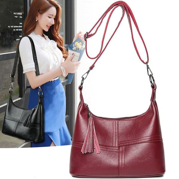 

новая мода женщины мягкие кожаные сумки женщина кожи плеча crossbody сумка женская случайные прочистки сумка черный / красный мешком главная