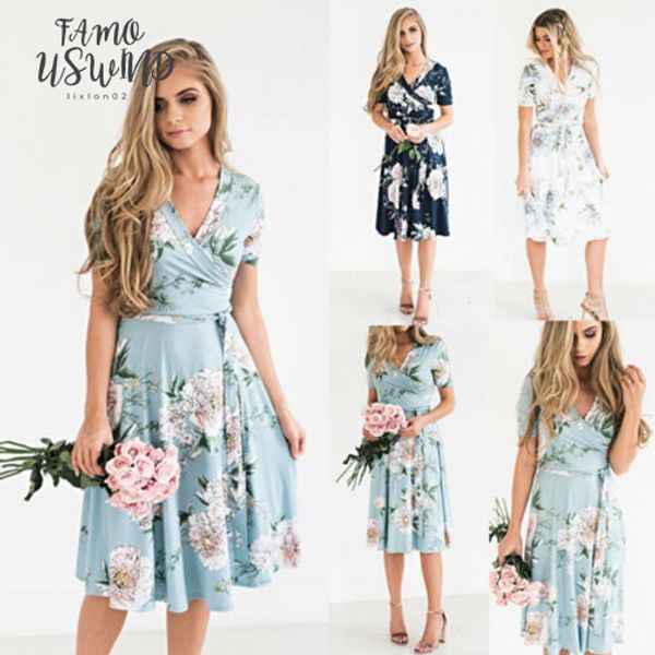 

2020 womens boho casual dresses chiffon midi casual printed dresses evening party beach dress floral sundress drop shipping, Black;gray