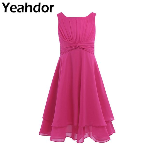 

girls chiffon knotted waist and ruched flower girl dress high-waisted princess pageant wedding birthday party summer dresses, Red;yellow