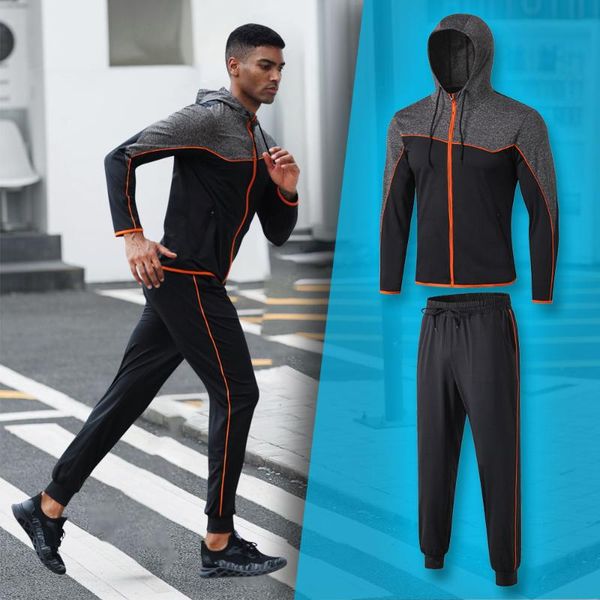 

sport set men winter tracksuit long sleeve hoodie sweatshirt gym fitness pants workout training sets breathable running suit dry, Black;blue