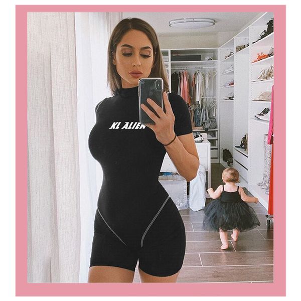 

2020 print reflective letter striped women's jumpsuit summer short sleeve skinny biker short bodysuit fitness outfits clothing, Black;white