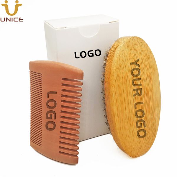 MOQ 100 pezzi Kit barba LOGO personalizzato OEM Set Spazzola per barba di bambù Pettini di legno di pesca larghi e fini in scatola bianca con nome stampato