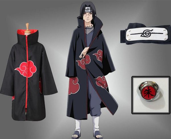 

halloween anime naruto uchiha itachi cosplay costume akatsuki ninja wind coat cloak cape robe coat set ring headband, Black;red