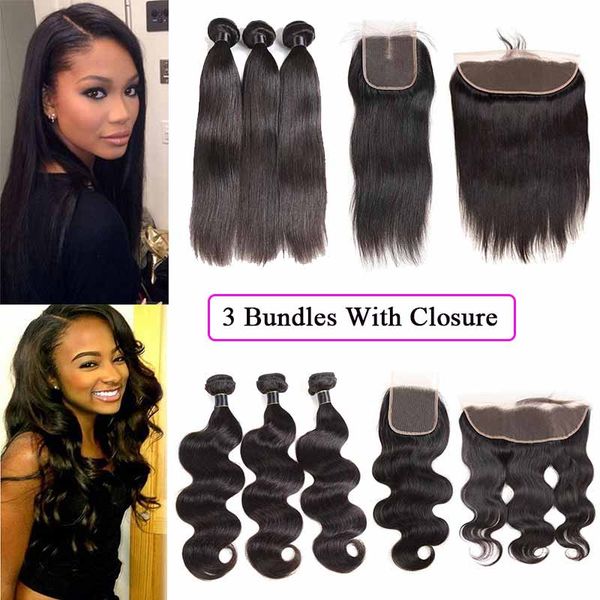 

brazilian virgin hair straight bundles with frontal unprocessed body wave human hair wefts with closure peruvian malaysian extensions, Black