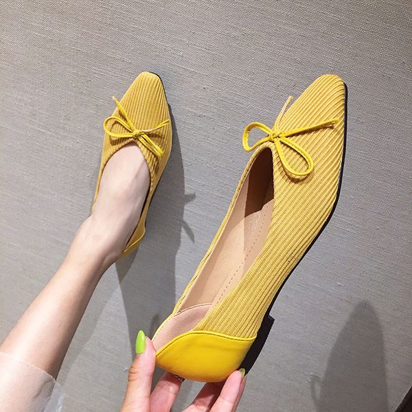 

knitted fabric&leather patchwork shoes woman bowknot flat ladies moccasins square toe loafers skidproof ballerina single shoes, Black