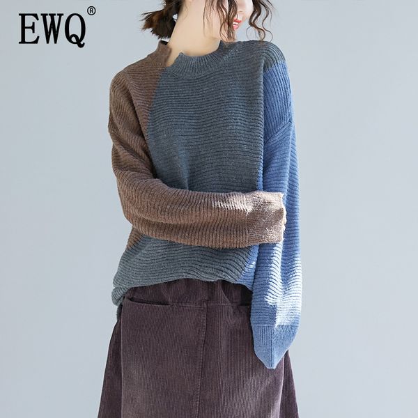 

ewq][ewq] 2019 new spirng autumn round collar long sleeve split splice sweater loose hem casual pullovers women clothing oc872, White;black