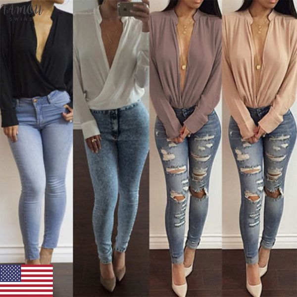 

long sleeve deep v neck 2020 spring autumn women blouse wrap club party blouse women blouse, White