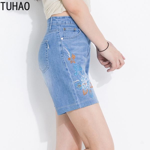 

tuhao 2020 summer light color stretch embroidered flower jeans shorts large size 7l 6xl 5xl high waist women's pants wm42, Blue