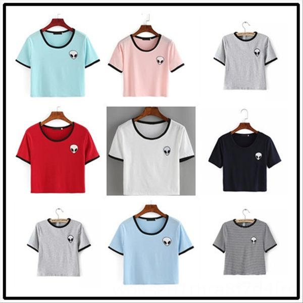 

striped gray round collar female alien pattern short sleeve t- 2198 striped gray round collar shirt female alien pattern short sleeve t-shir, White