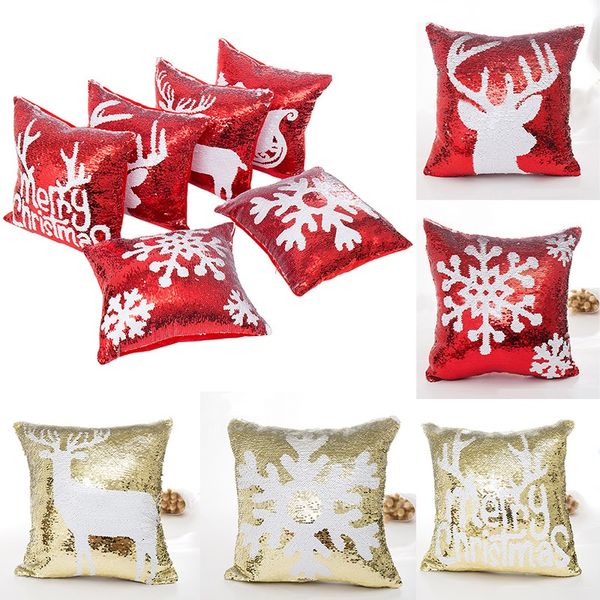 

mermaid double sequin pillow case christmas snowflake reindeer pillowcase home sofa car cushion cover xmas decoration without core an2166