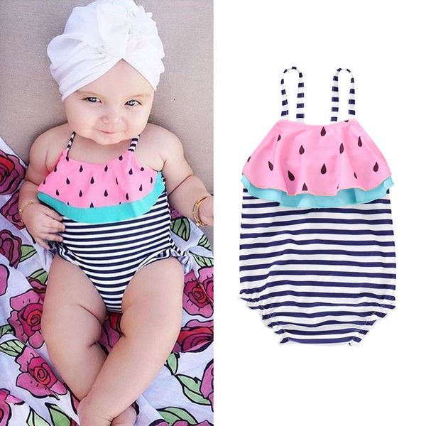 

toddler baby kids girls ruffle bikini bathing suit stripe watermelon print swimsuit sleeveless ruffles swimwear 1-6y