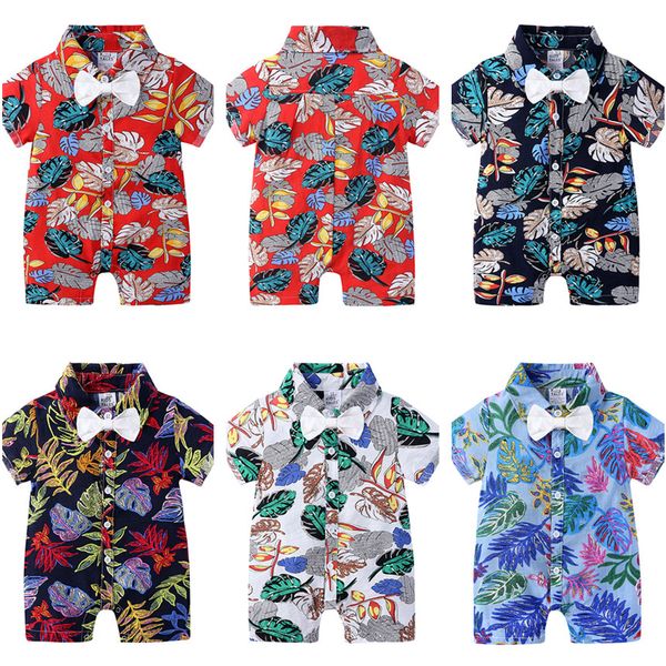 

kids designer clothes boys rompers bow tie floral print children's infant jumpsuit baby summer pajamas clothes hawaiian style cz526, Blue
